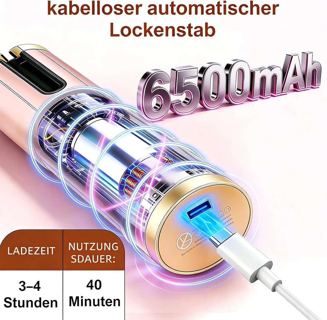 Hanari Lockenstab Automatisch Rotierend, Kabelloser Lockenstab Automatisch Keramik, 6 Temperaturstuf
