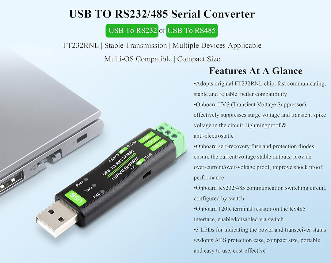 USB to RS232/RS485 Serial Converter Adapter, Onboard Original FT232RNL Chip Stable, Compatible withR