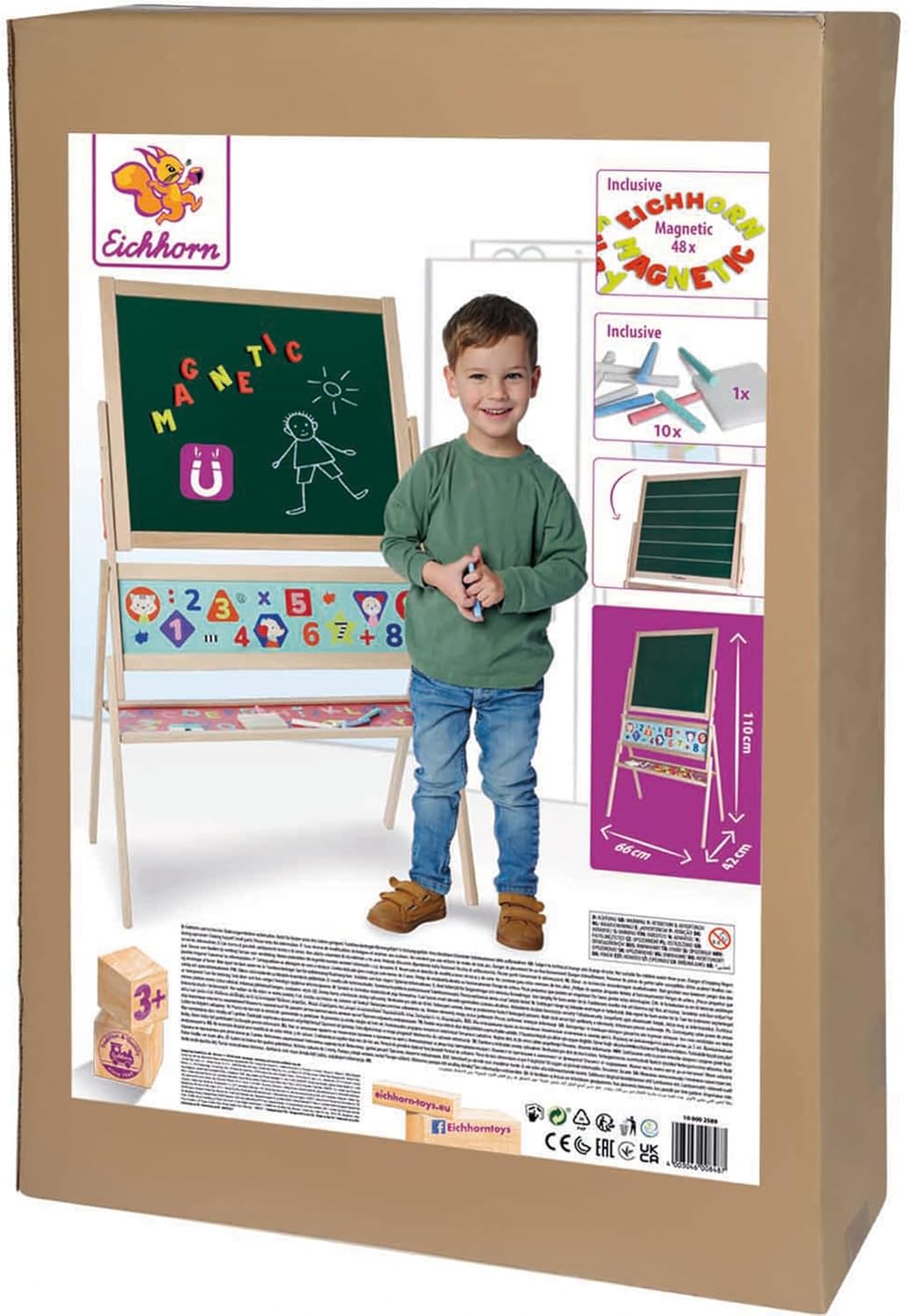 Eichhorn - Magnet Standtafel, Kindertafel mit 48 Magnetbuchstaben, 10 Kreiden und Schwamm, zweiseiti