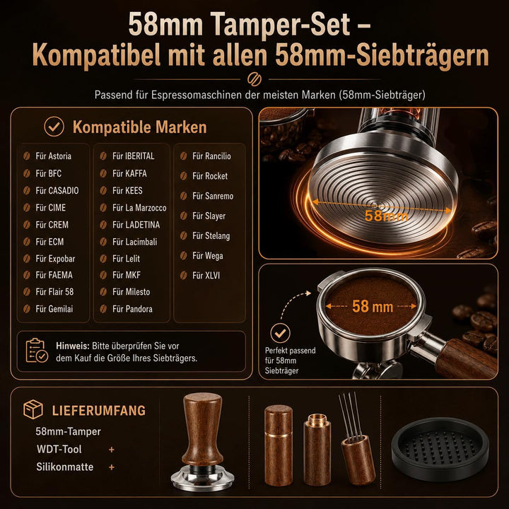 58mm Kaffee Tamper mit Feder & Gewinde-Flachboden, WDT Tool & Tampermatte Set, Manueller Federstampf