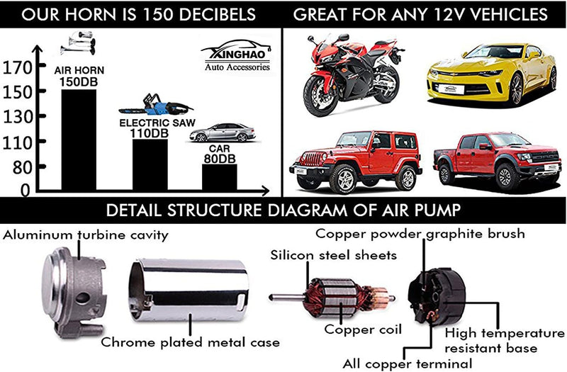 YIYDA Air Horn 12 V, 150 dB,Autohupe，Doppel-Drucklufthorn, 45 cm, Chrom/Zink, mit Kompressor, für al