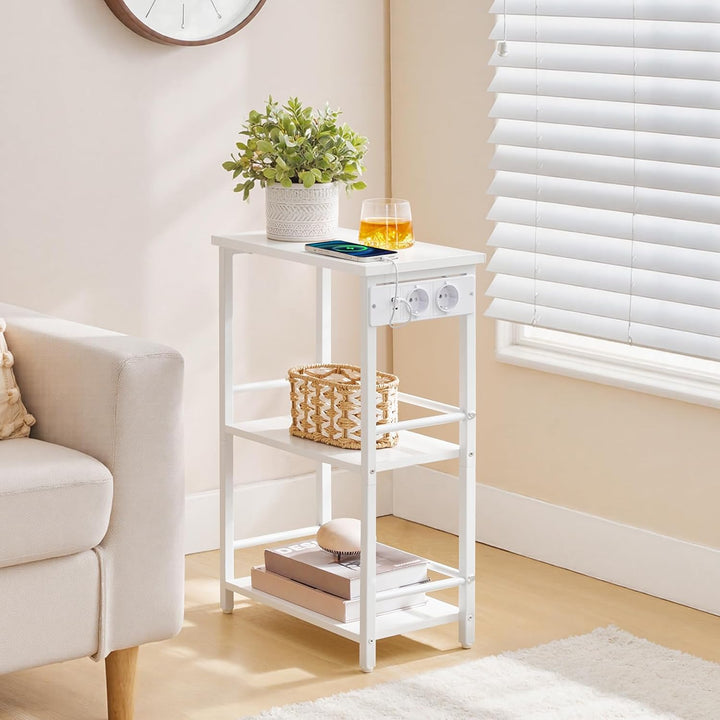 Beistelltisch Schmal, 3 Ablagen Nachttisch, Couchtisch mit Ladestation, Sofatisch, Wohnzimmertisch m