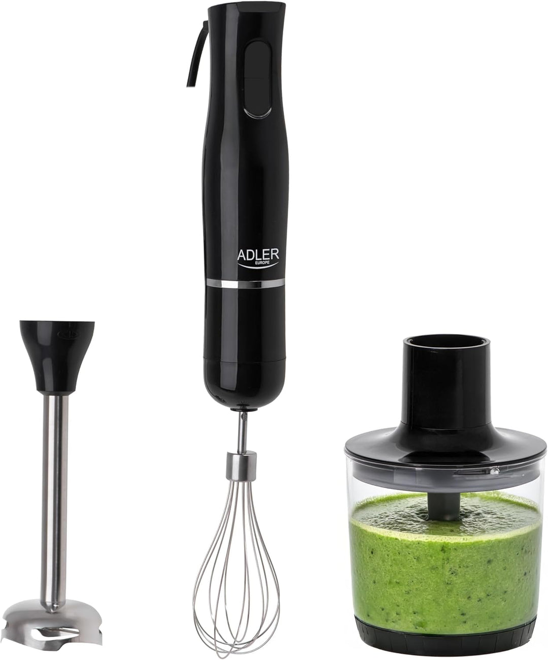 ADLER AD 4620 Stabmixer Set, 800W, 2 Geschwindigkeitsstufen, mit Schneebesen und Messbecher, Schwarz