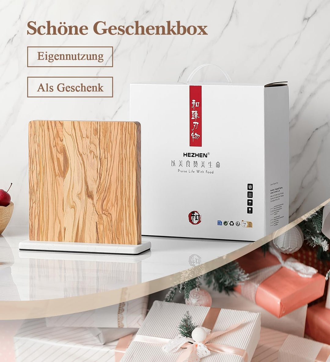 HEZHEN Magnetischer Messerblock aus Olivenholz - Doppelseitiger Magnetischer Messerhalter -Küchenmes