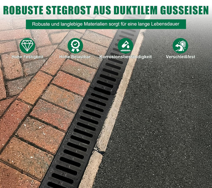 3m Entwässerungsrinne mit B125 Gussrost GJS - 1000 x 155 x 140 mm - Bodenrinne Ablaufrinne für Garag