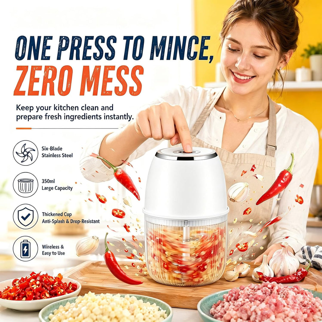 Elektrischer Zwiebel Zerkleinerer 350 ml, 6 Edelstahlklingen, kabelloser Mini Zwiebelschneider mit U