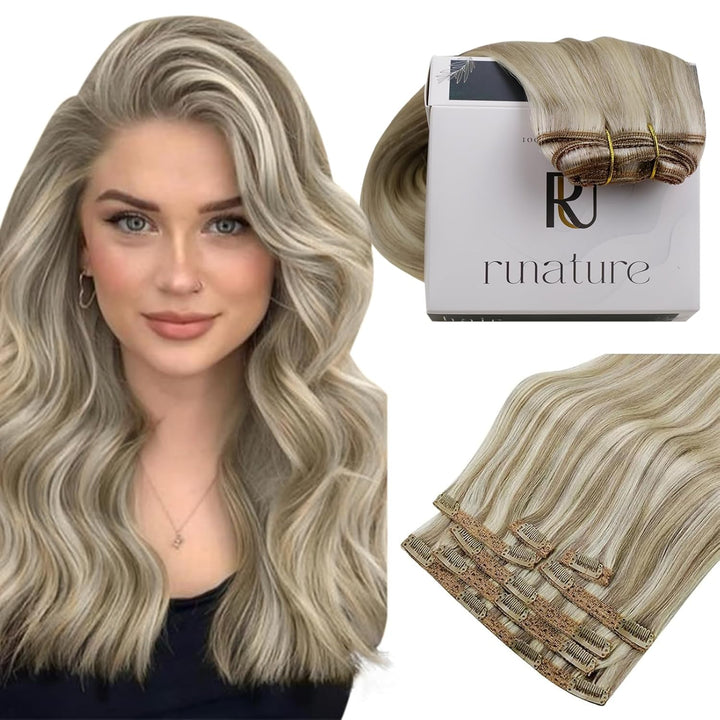 RUNATURE Clip in Echthaar Extensions Aschbraun mit Platinblond Extensions Clip in Glatt Harr Gerade