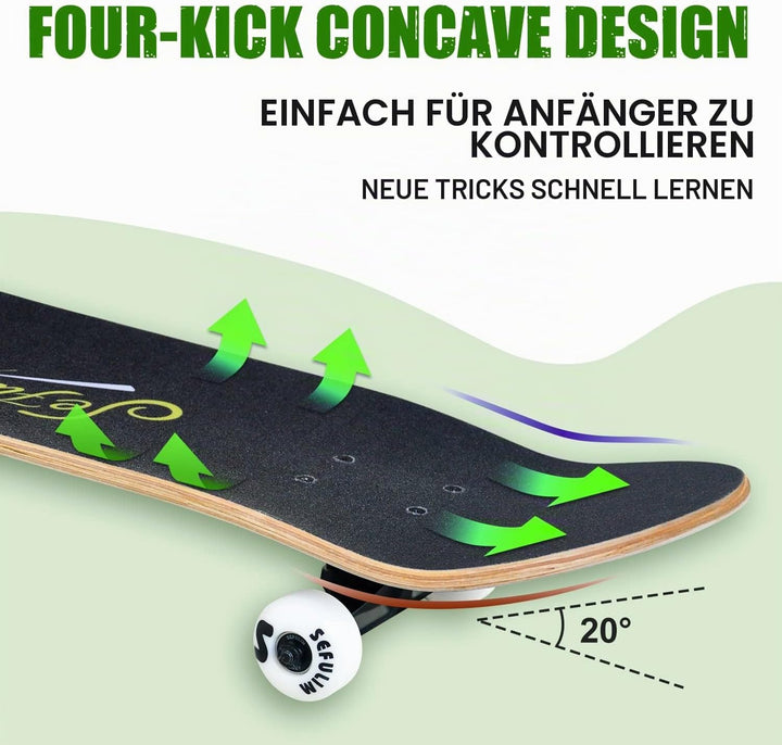 Sefulim 78,9 x 20,3 cm komplettes Skateboard, 7-lagig, kanadischer Ahorn, Doppel-Kick-Deck-Skateboar