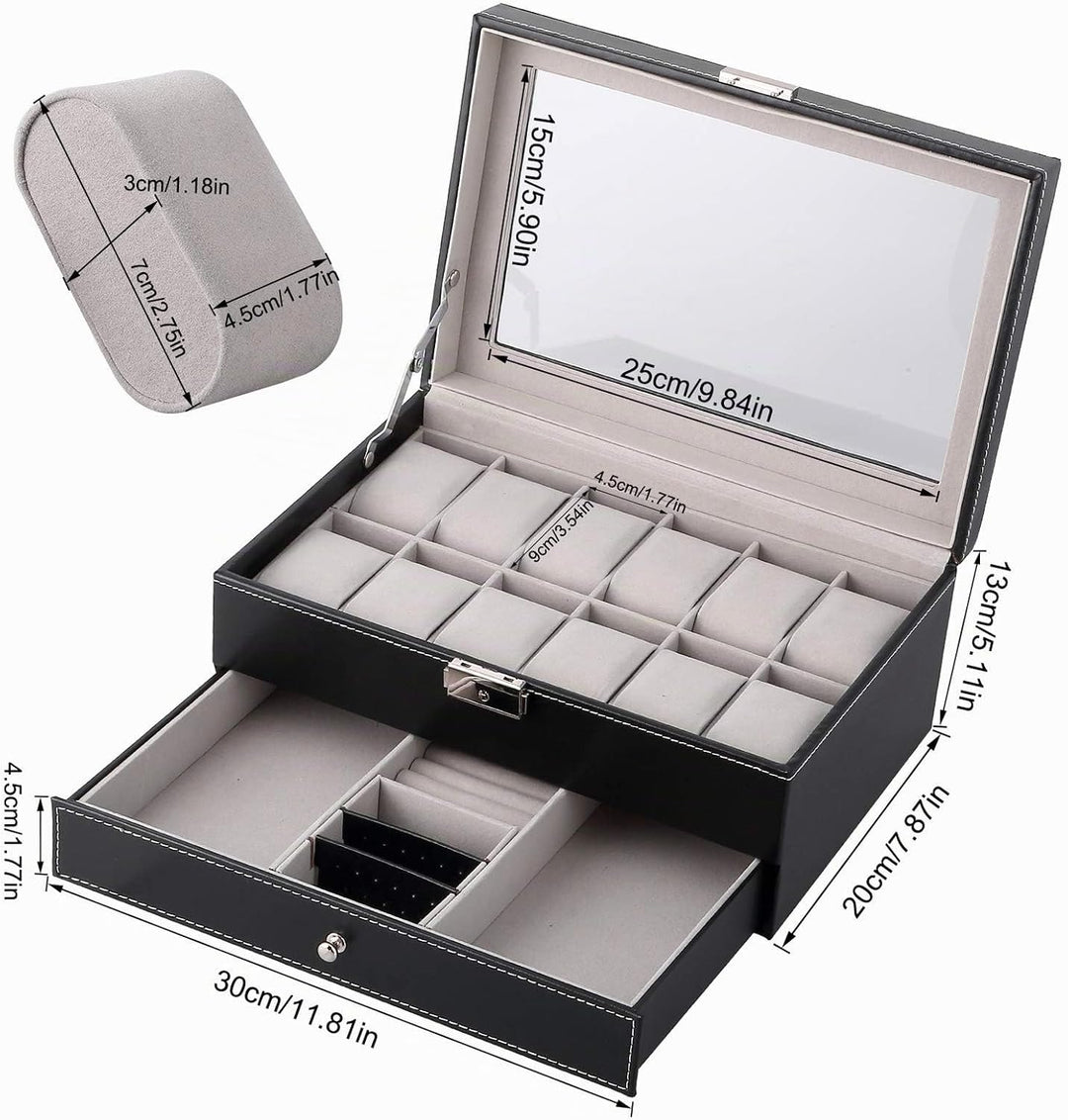 Uten Uhrenbox 12 Uhren, Uhrenkasten Herren, Schmuckkästchen Damen, Uhrenkoffer mit Schublade, Schlüs