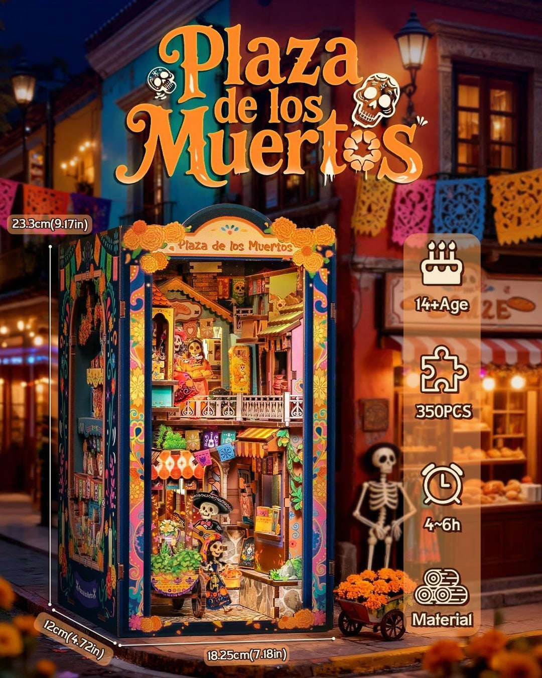 CUTEBEE Book Nook Kit - Mexikanische Festtagsstimmung DIY Puppenhaus, LED-beleuchtetes Buchregal-Dek