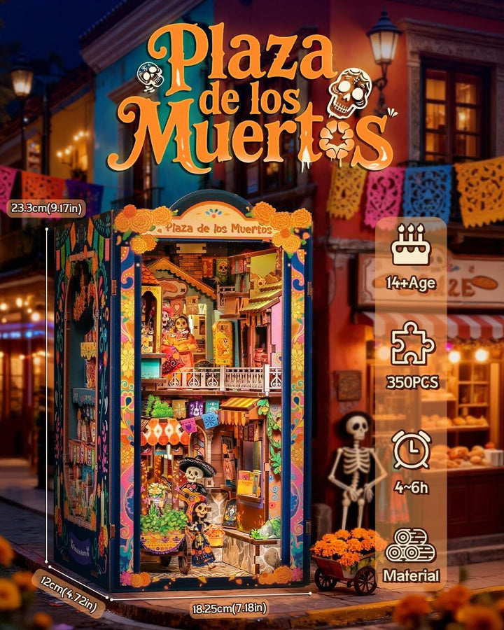 CUTEBEE Book Nook Kit - Mexikanische Festtagsstimmung DIY Puppenhaus, LED-beleuchtetes Buchregal-Dek
