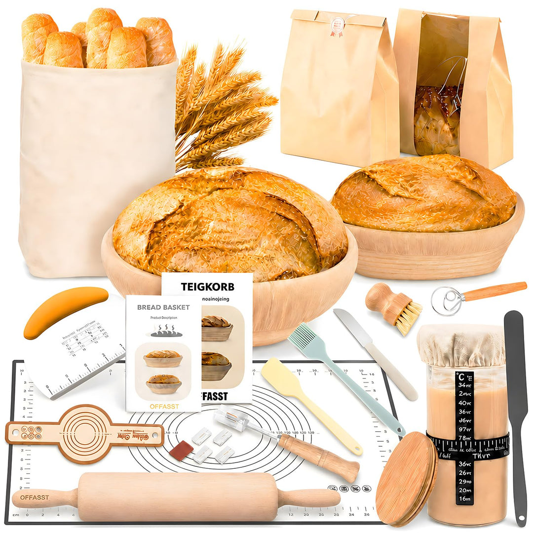 17 Stück Sauerteig Starter Set mit Gärkörbchen (2 Stück, 25cm), Gärkorb Brot Brotbackzubehör Mit Sau