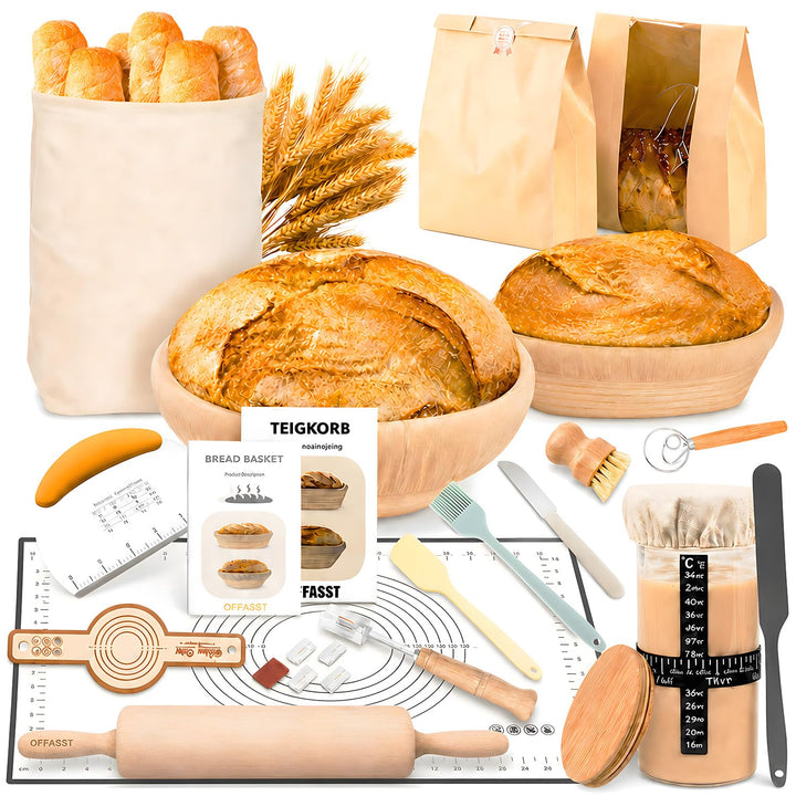 17 Stück Sauerteig Starter Set mit Gärkörbchen (2 Stück, 25cm), Gärkorb Brot Brotbackzubehör Mit Sau