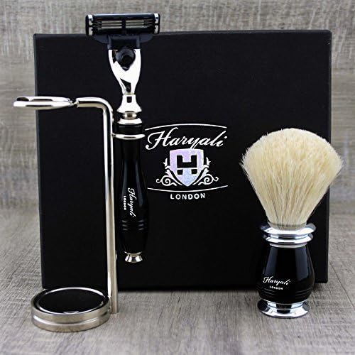 Haryali London Herren Rasierset 3 Edge Rasiermesser, Rasierpinsel, Rasierständer und Alaunstift