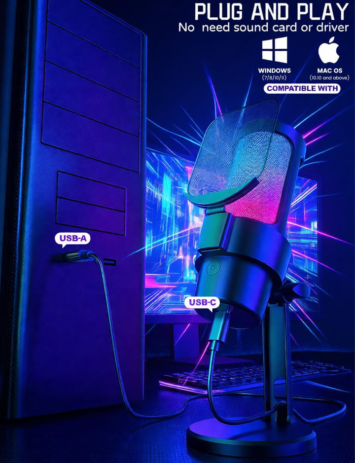 USB Gaming Mikrofon mit Ständer Plug & Play PC Mikrofon mit Mute-Taste, RGB-Beleuchtung, Pop-Filter