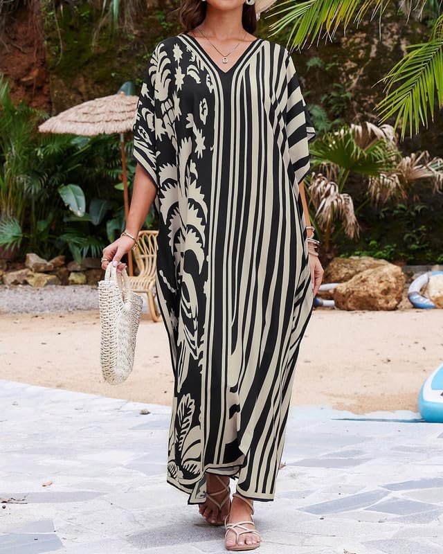 Bsubseach Damen Beachwear Türkische Kaftans Lange Strandkleid Caftan Beach Dress 1-zebrastreifen, 1-