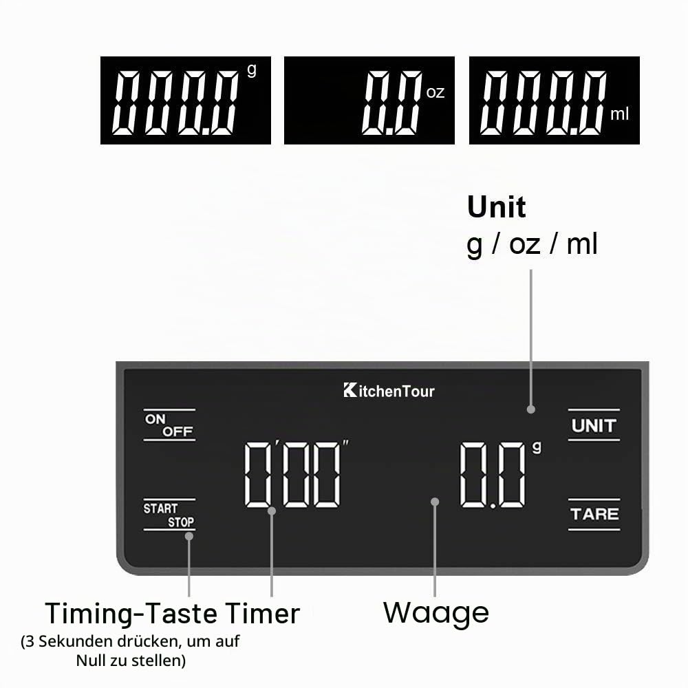 KitchenTour Kaffeewaage mit Timer 3kg/0,1g Hohe Präzision Pour Over Drip Espresso Waage mit hintergr