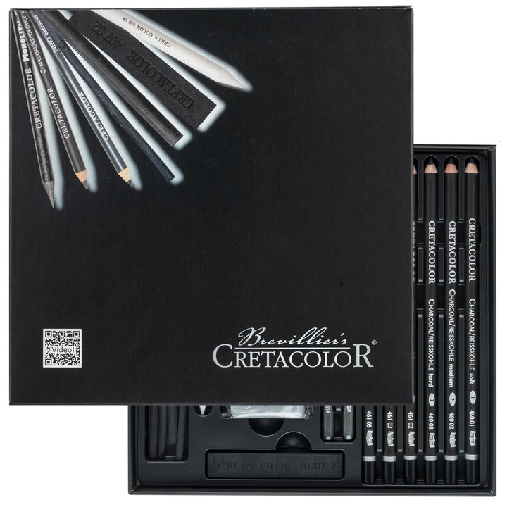 CRETACOLOR 400 61 Black Box, Reisskohle Set mit Nero-Stifte & Monolith Graphitstifte, inkl. Radiergu