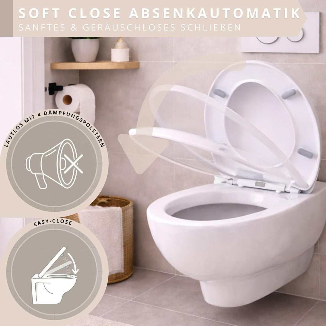 Toilettendeckel mit Absenkautomatik weiss oval, WC-Sitz abnehmbar antibakterielles Urea Duroplast, I