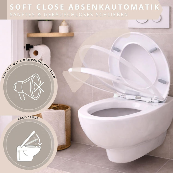Toilettendeckel mit Absenkautomatik weiss oval, WC-Sitz abnehmbar antibakterielles Urea Duroplast, I