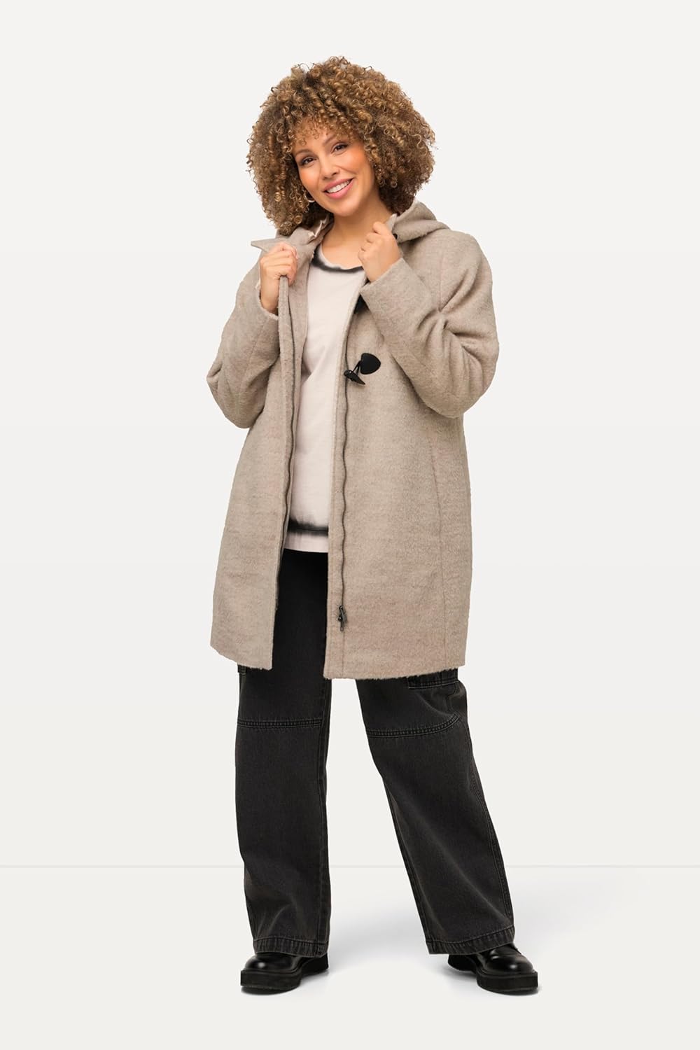 Ulla Popken Damen grosse Grössen Übergrössen Plus Size Dufflecoat, A-Line, Wollmix, Kapuze, Knebelkn