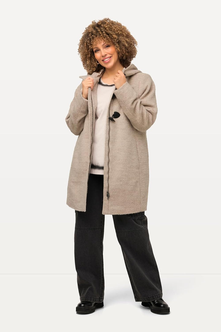 Ulla Popken Damen grosse Grössen Übergrössen Plus Size Dufflecoat, A-Line, Wollmix, Kapuze, Knebelkn