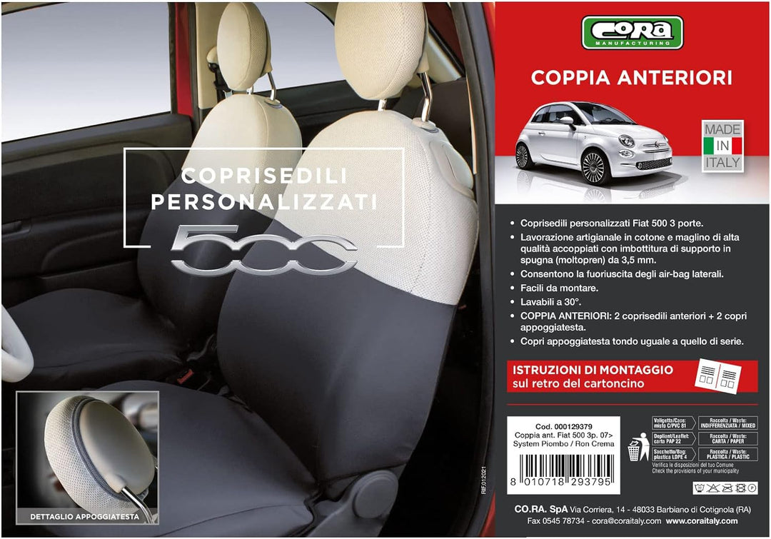 CORA FIAT 500 07 Vordersitzbezüge, personalisiert, Grau/Creme