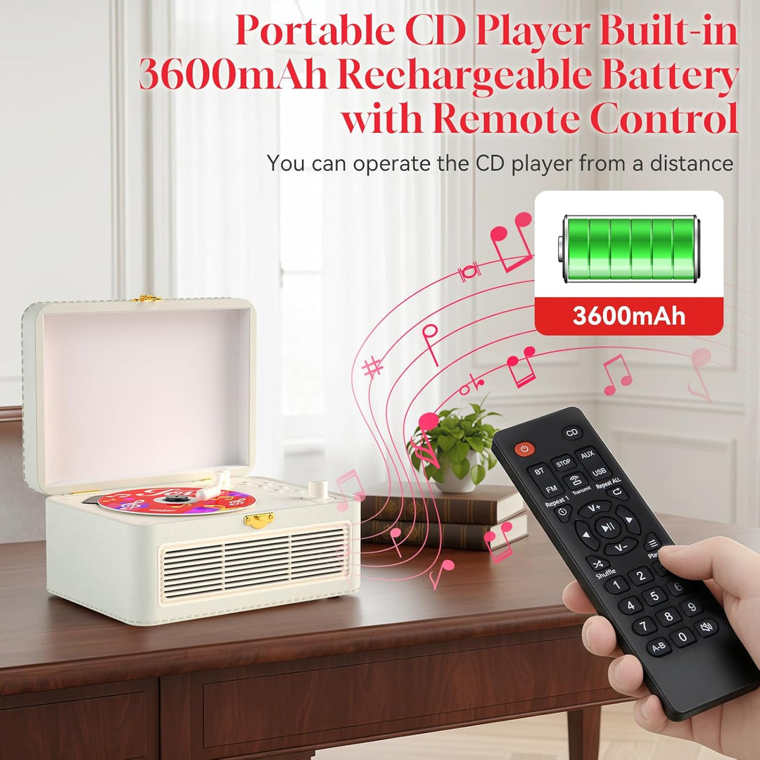 Gueray Tragbarer Bluetooth CD-Player mit Lautsprechern 3600mAh Wiederaufladbarer Vintage CD Spieler