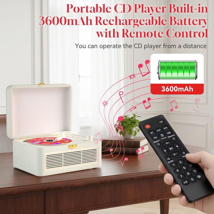 Gueray Tragbarer Bluetooth CD-Player mit Lautsprechern 3600mAh Wiederaufladbarer Vintage CD Spieler