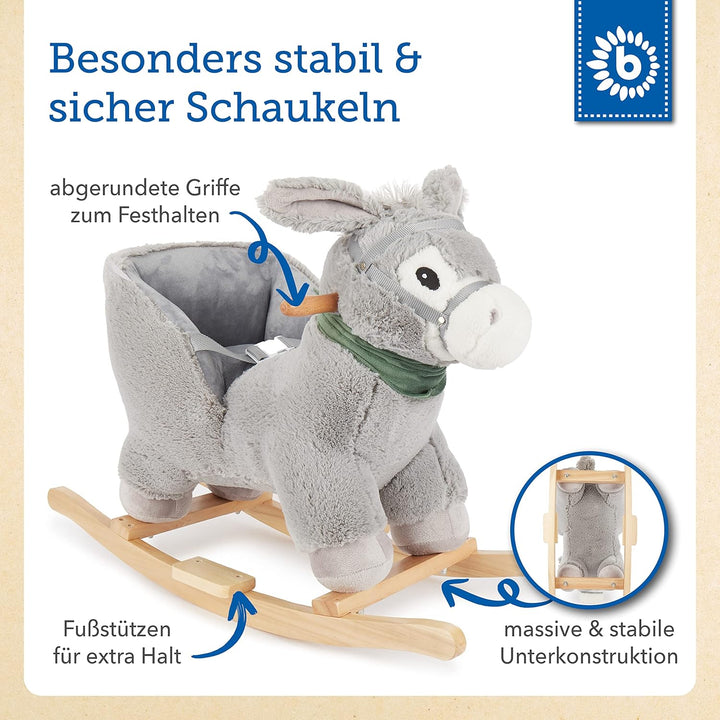 Bieco Plüsch Schaukeltier Esel 73,5x33,5x61cm | Schaukelpferd Baby | Schaukeltier Kinderschaukel Ind