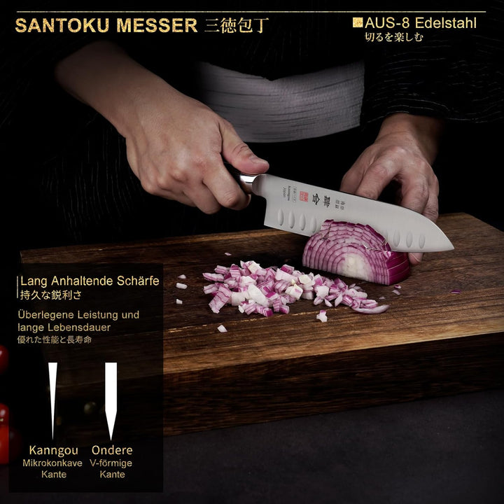 Classic. Japanisches Messer aus AUS-8 Stahl mit Kompletter Räuchergriff (Santoku Kochmesser, 18 cm)