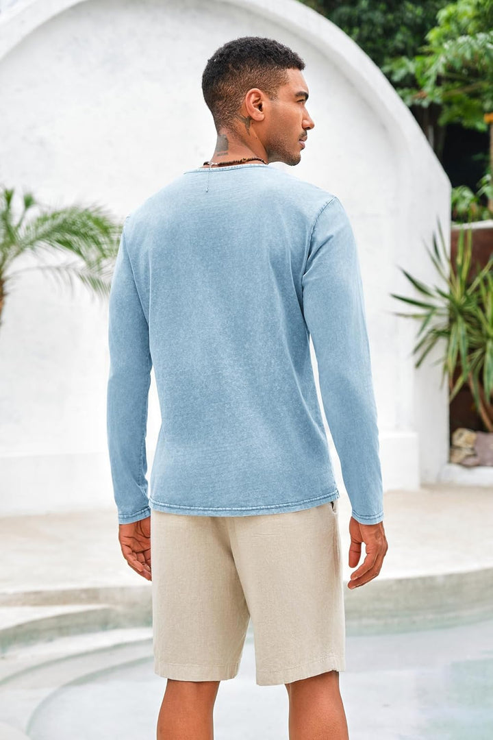 Hemd Herren Langarm/Kurzarm Henley Shirt Männer Freizeithemd Vintage Casual Leicht Baumwolle Slim Fi