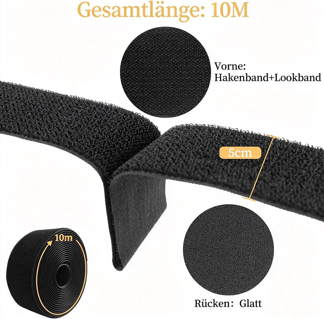 10m x 5cm Klettband mit 30 Schnallen, Breit Klett Kabelbinder Wiederverschliessbar, Frei Zuschneidba