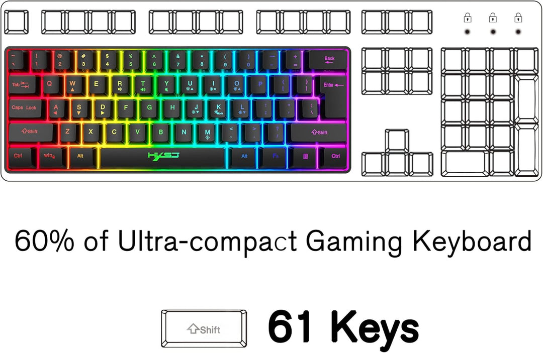 KUIYN Gaming-Tastatur, 60% kabelgebunden, kompakt, 61 Tasten, 11 RGB-Lichteffekt mit vollen Tasten,