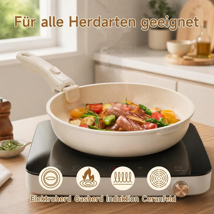 JEETEE Topfset Pfannenset mit abnehmbarem Griffen 25-Teilig, Pfanne 20/26cm, Kochtopf 18/20cm, Tiefe