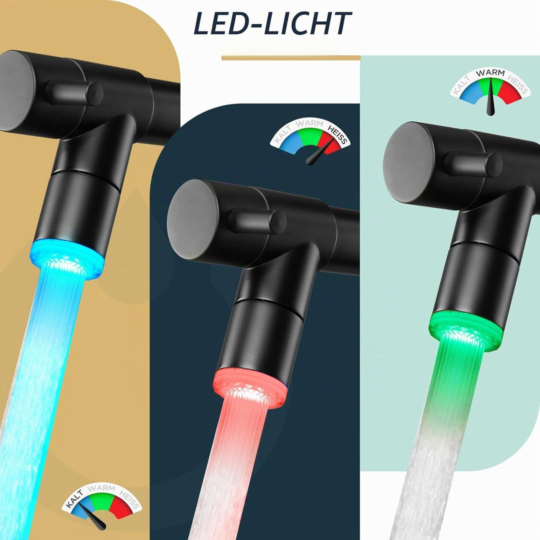 FORIOUS Wasserhahn Küche, Edelstahl-Küchenarmatur mit LED, Spülarmaturen Küche, Zweigriff-Mischbatte