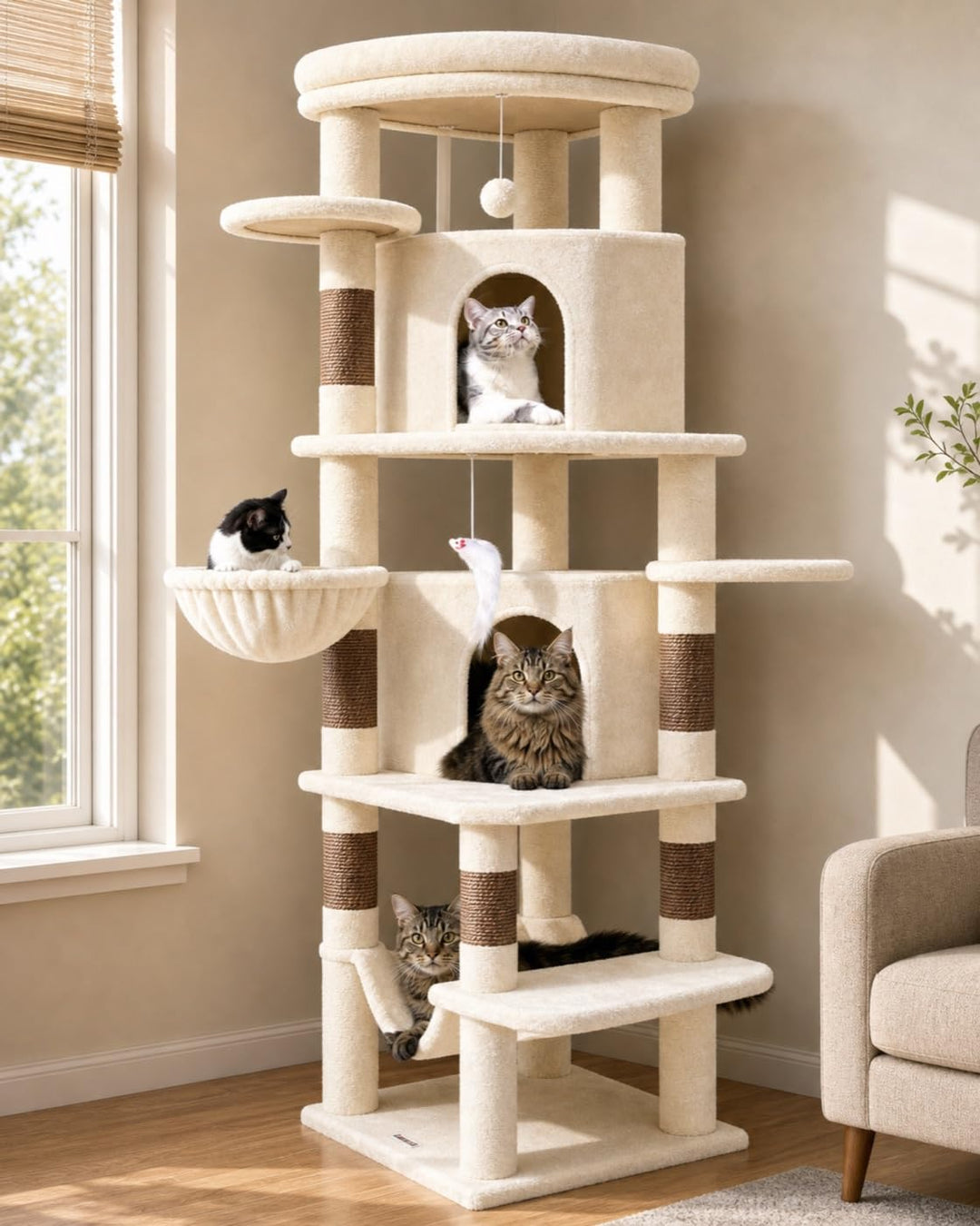 Globlazer Kratzbaum Beige Gross, Eckkratzbaum Stabil hoch 167 cm mit 2 Sektor Katzenhaus, Gepolstert