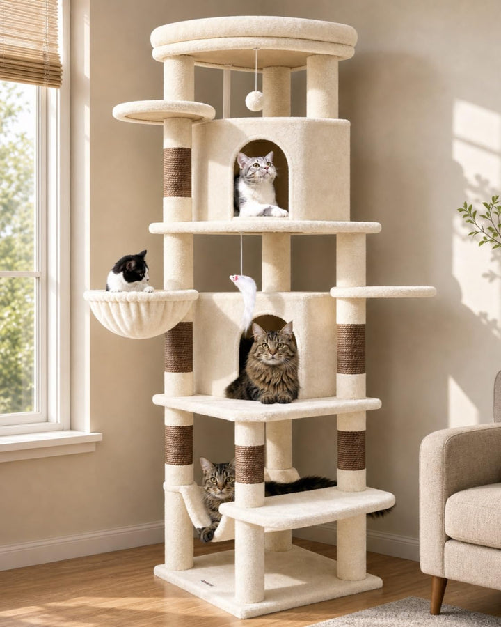 Globlazer Kratzbaum Beige Gross, Eckkratzbaum Stabil hoch 167 cm mit 2 Sektor Katzenhaus, Gepolstert