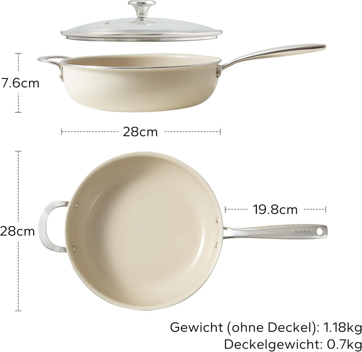 Redchef Bratpfanne 28cm, Pfanne mit Deckel Antihaft Beschichtung Keramikpfanne, Bratpfannen Induktio
