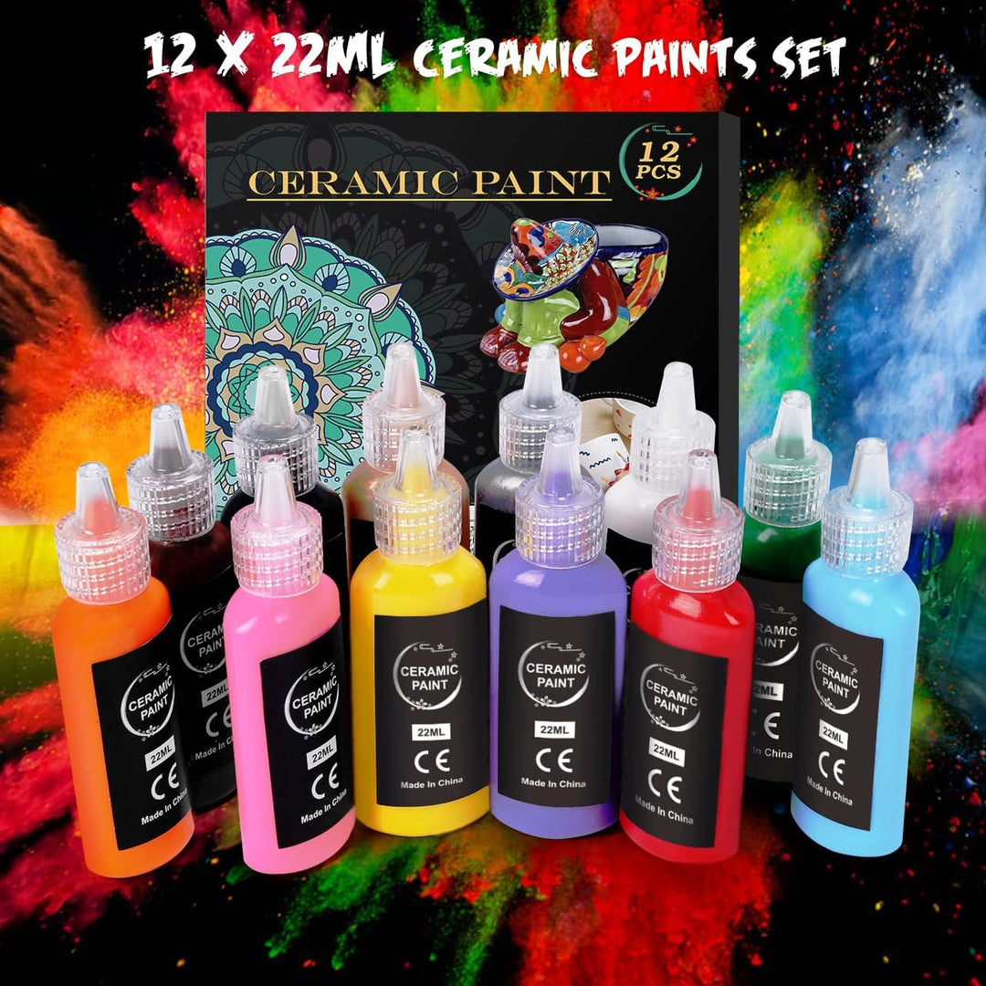 RATEL Porzellanfarbe Set, 12 x 22 ml Wasserdicht Keramikfarben + 3 Pinselstift, Ideale Keramikfarben