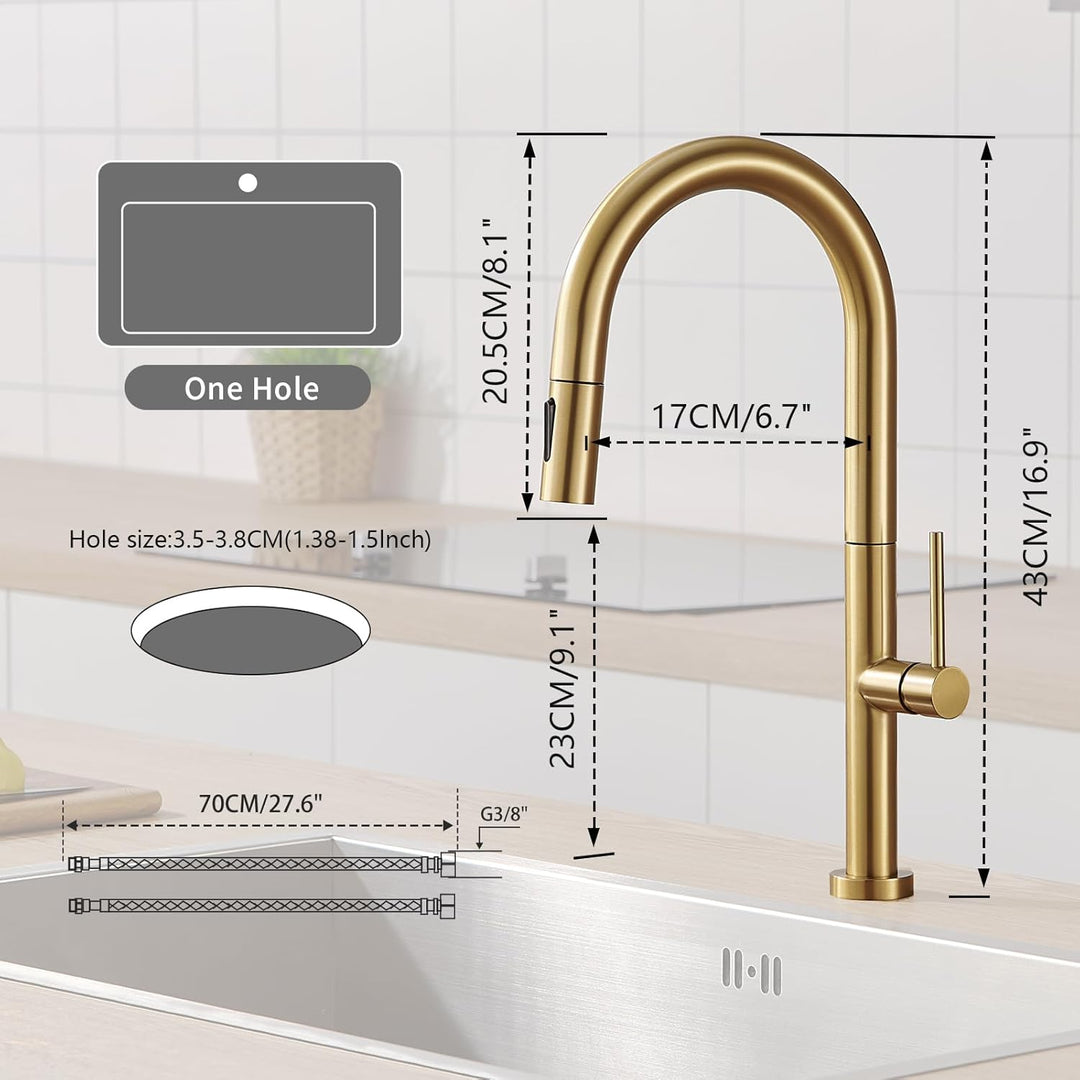 Wasserhahn Küche Gold, Hochdruck Küchenarmatur mit Herausziehbarer Brause, Hoher Bogen Armatur, Misc