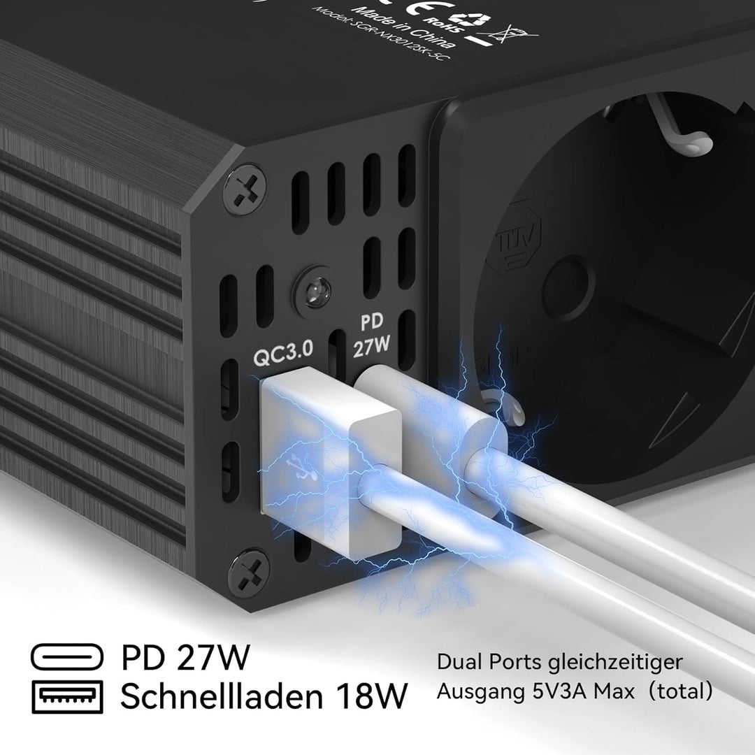 ALLWEI 300W Wechselrichter 12V auf 230V Spannungswandler, Stromwandler mit Typ-C & USB Anschluss, In