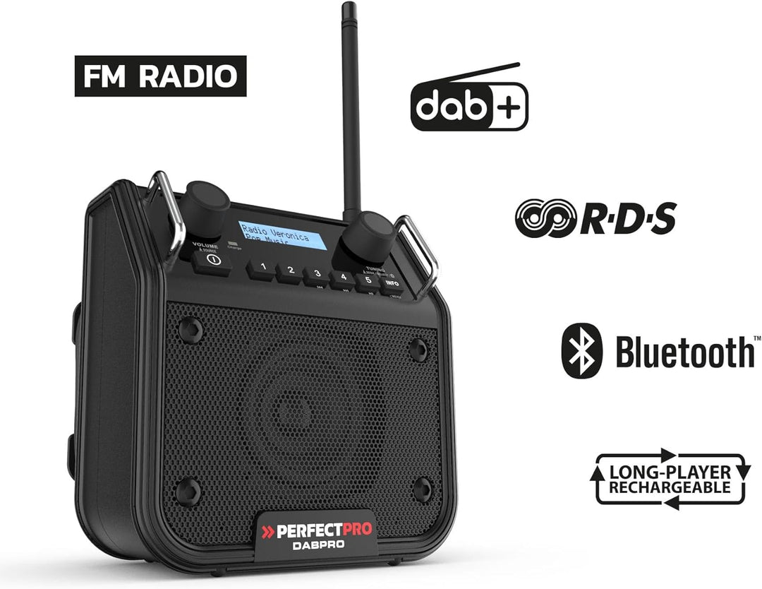 PerfectPro Baustellenradio DABPRO, DAB+ und UKW-Empfang, AUX-Eingang, MP3, Bluetooth, Netzstrom und