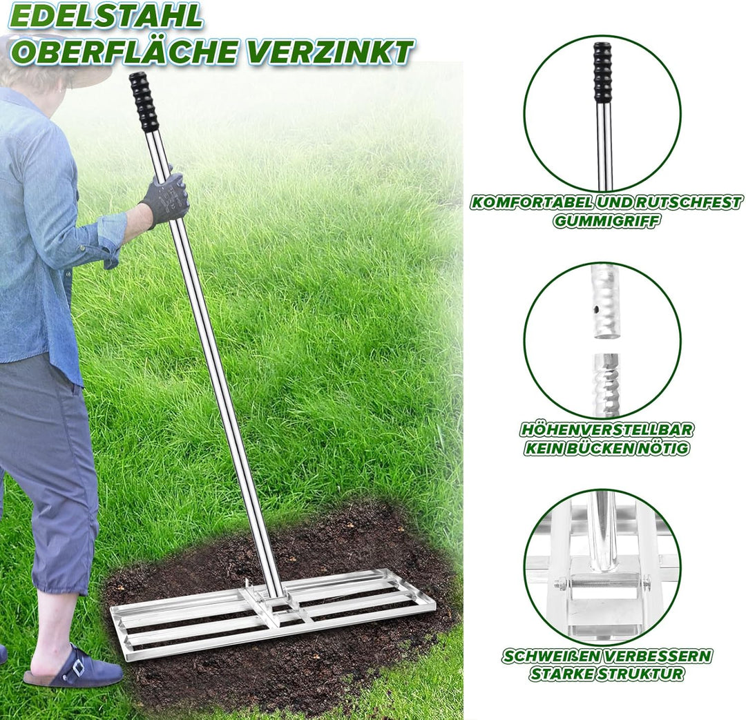 Rasen Nivellierrechen, 75x25 cm Edelstahl Garten Rasenrakel, Rasenrechen mit 180 cm Verlängertem Gri