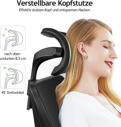 KERDOM Bürostuhl, Ergonomischer Schreibtischstuhl mit Verstellbarer Kopfstütze und Lendenwirbelstütz