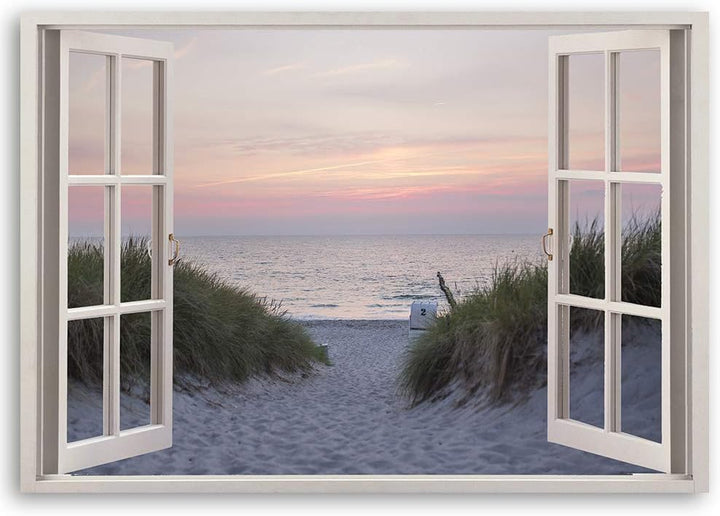 Feeby Wandbild Strand Druckbild Leinwandbild Fenster-Illusion mehrfarbig 90x60 cm Leinwandbild 90x60
