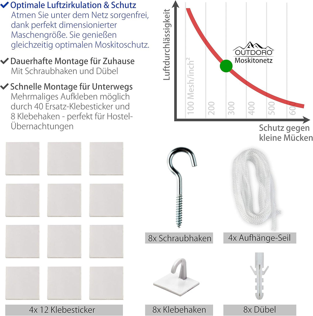 Outdoro Moskitonetz Kastenform inklusive Klebehaken für Reise und Zuhause - extra-gross für Doppelbe