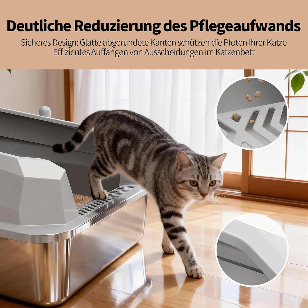 Edelstahl Katzentoilette mit Deckel, Hohe Wände, Grosse Katzen | Mehrkatzenhaushalte, Auslaufsicher,