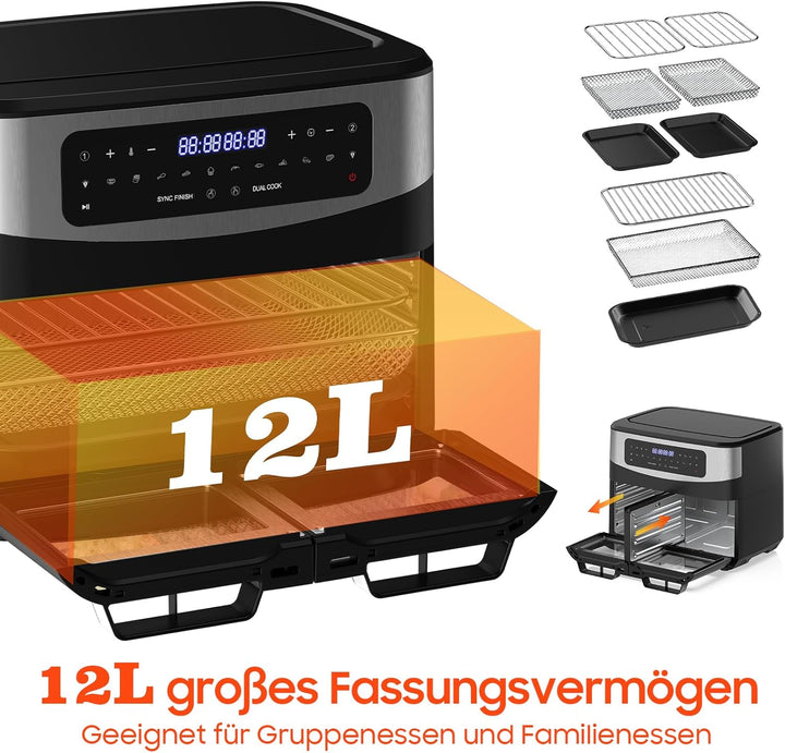 Heissluftfritteuse Dual Zone 12L - XXL Airfryer mit herausnehmbarem Trenner, 2600W Heissluftfritteus