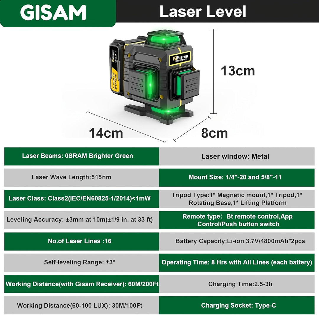 4D-Laser-Nivelliergerät mit 16 Linienkreuzlasern, 360°-Selbstnivellierungsplattform, Magnethalterung